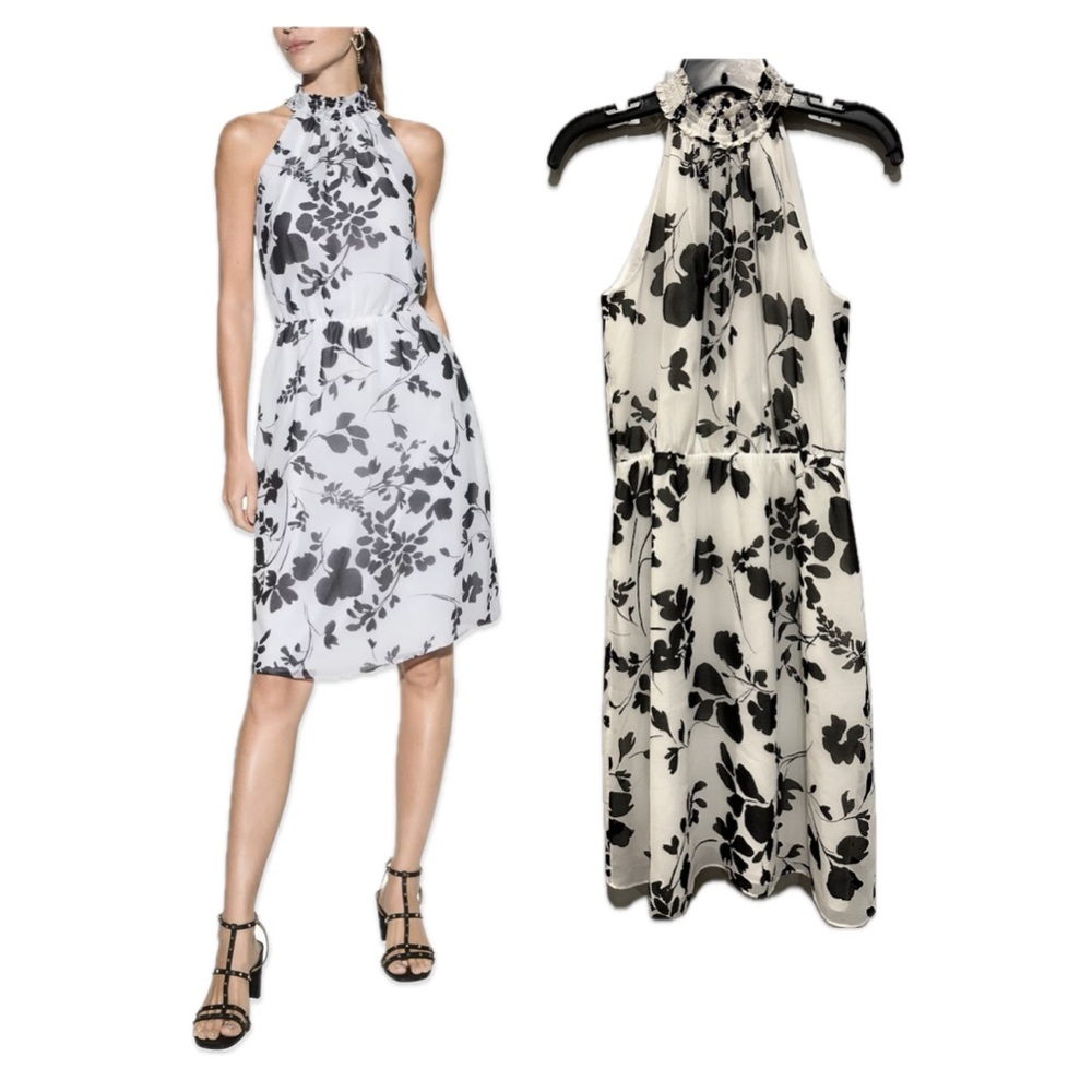 NWT WHBM Floral Black & White Mock Halter Neck Aline Sophia Dress